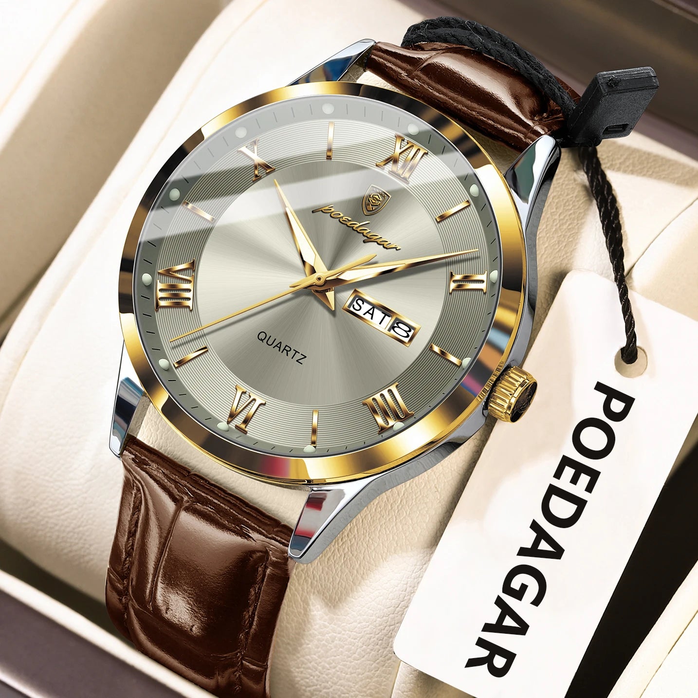 POEDAGAR Business Brand Men Clock Waterproof Luminous Date Week Fashion Man Wristwatch Leather Luxury Men's Quartz Watches Reloj Beauty World Shop