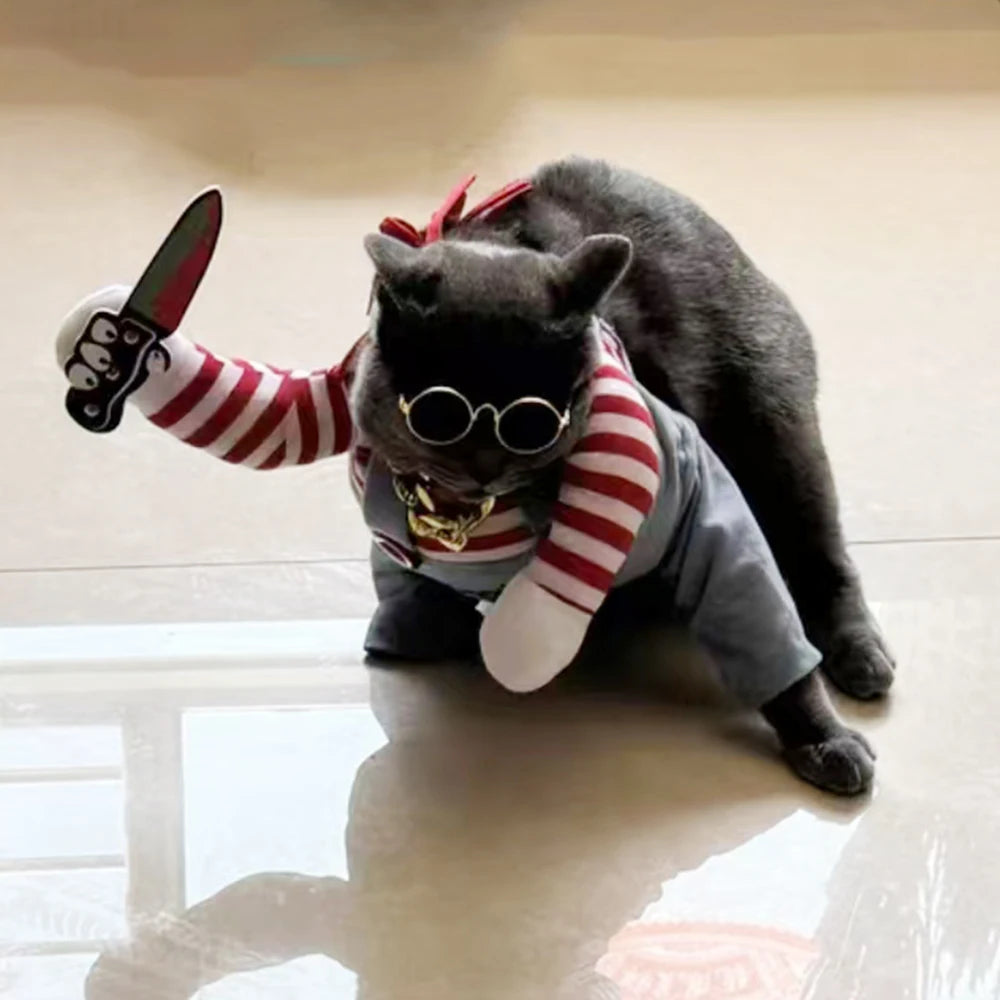 Funny Dog Clothes Halloween Costume For Small Medium Large Dogs Festival Knife Holding Puppy Cosplay Suit Party Gift Pet Apparel