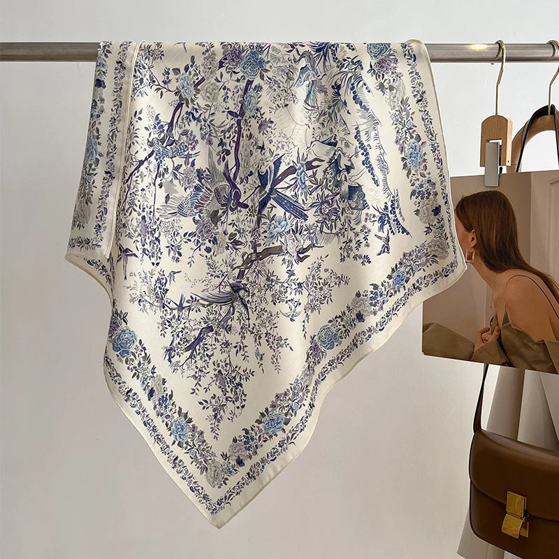 1PCS 70cm Leaf Pattern Silk Scarf for Women Simulated Silk Fresh and Versatile Headwear Bag Clothing Accessories Square Scarf Beauty World Shop