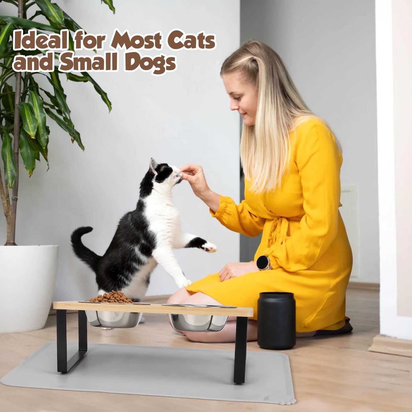 Elevated Cat Bowls Pet Feeder 15° Tilted Raised Cat Food Bowls with Wooden Stand 2 Stainless Steel Bowls for Cats and Puppy Beauty World Shop