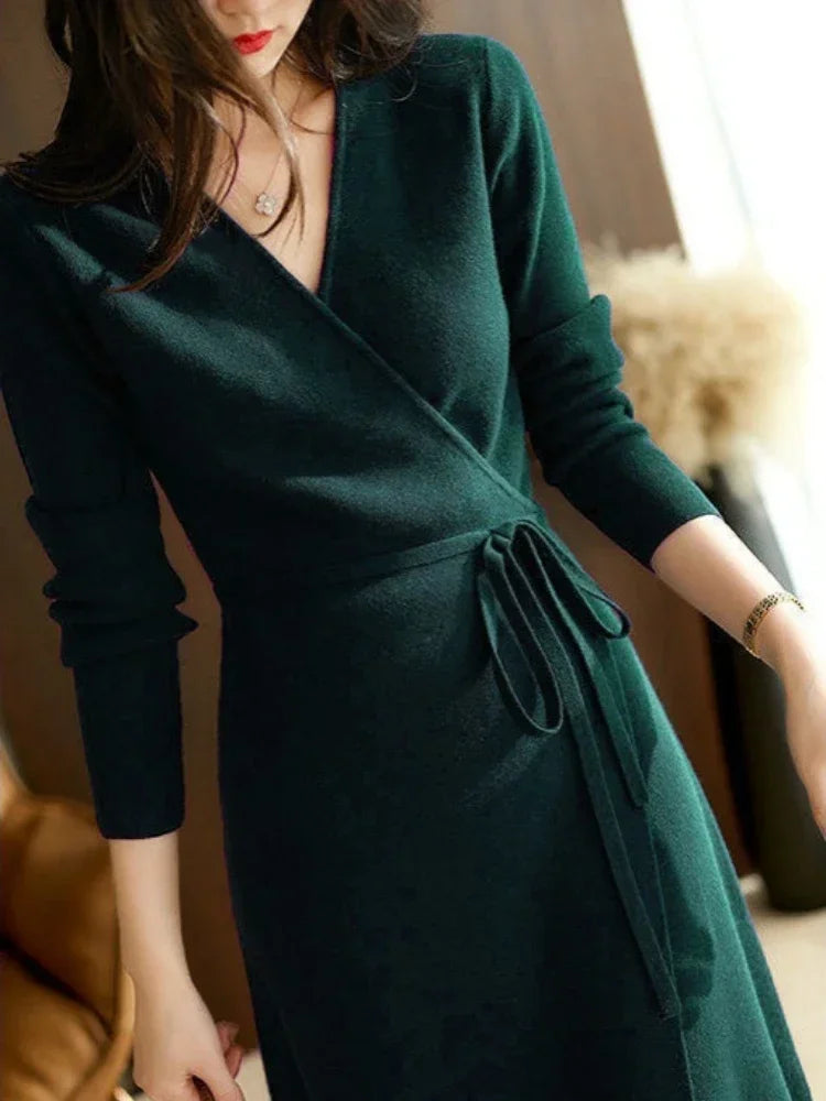 Autumn Winter Sweater Womens Dresses V-neck Wrap Up Dress for Women Woman Clothing Korean Version Loose Elegant Knitted Skirt Beauty World Shop