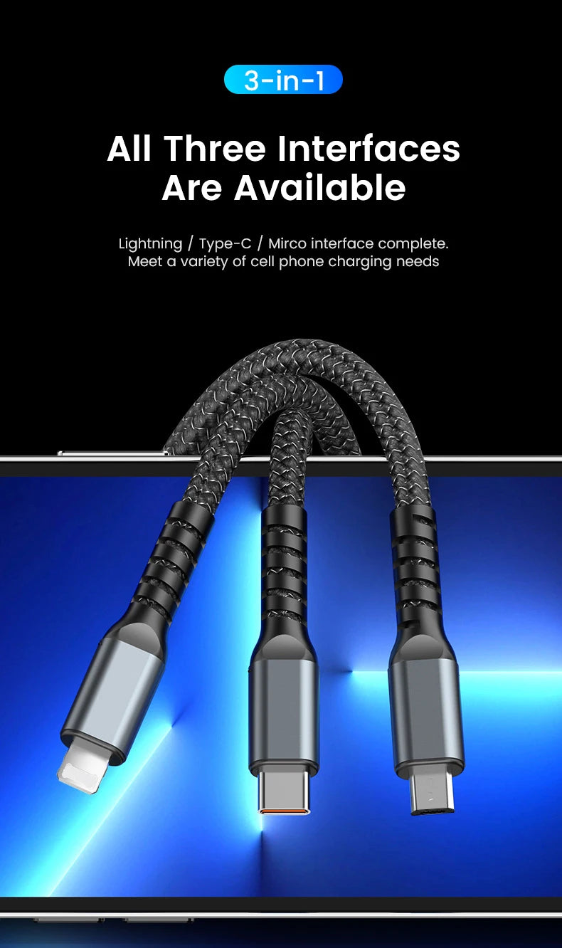 3 In 1 100w Transparent Fast Charging Cable Type C Usb Micro For Huawei OPPO Vivo Samsung Xiaomi Pilot Lamp Charger Usb C 6A Beauty World Shop