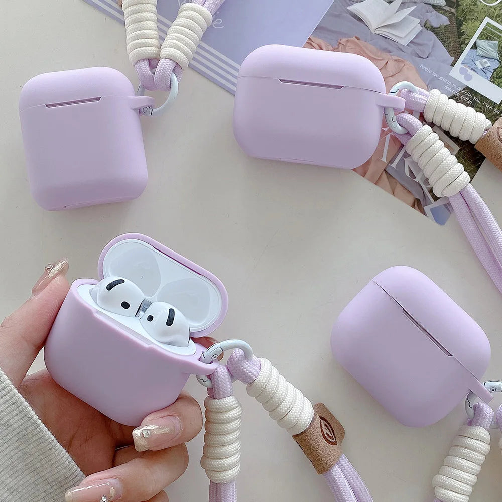 Lavender Purple Matte Silicone Joined Earphone Case for AirPods Pro 2 with Anti Loss Rope for AirPods 1 2 3 4 Soft Funda Cover