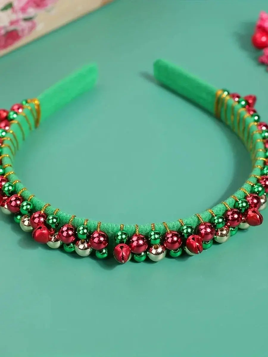 Festive Christmas Headband with Red & Green Beads, Golden Accents & Bell Charms - Hand-Wrapped Polyester Party Accessor Beauty World Shop
