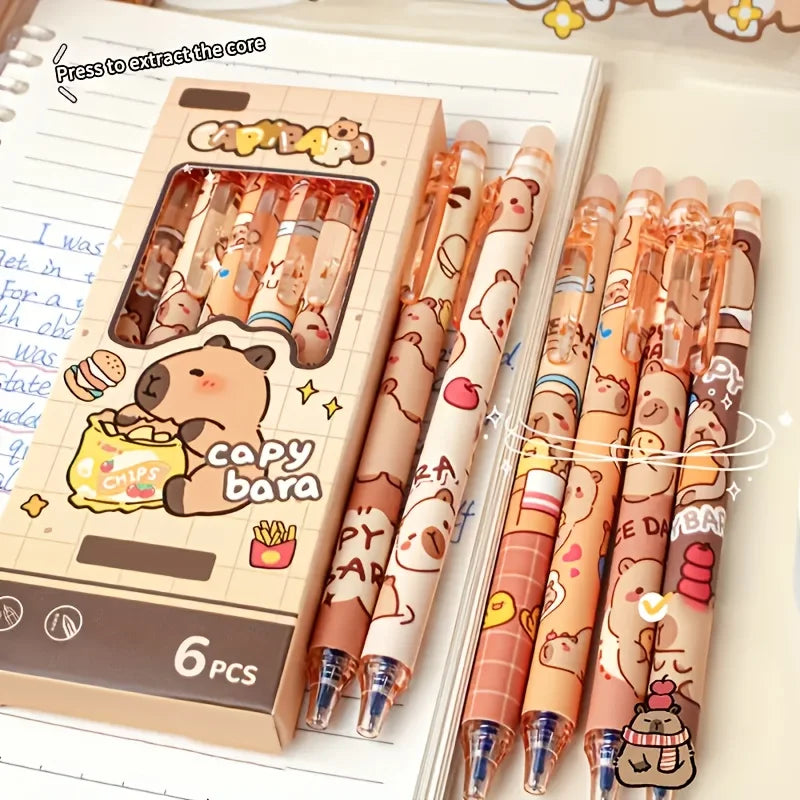 6pcs Cute Capybara Erasable Gel Pens | 0.5mm Retractable Blue Ink for School & Office | Smooth Writing & Quick-Drying (6 Colors) Beauty World Shop