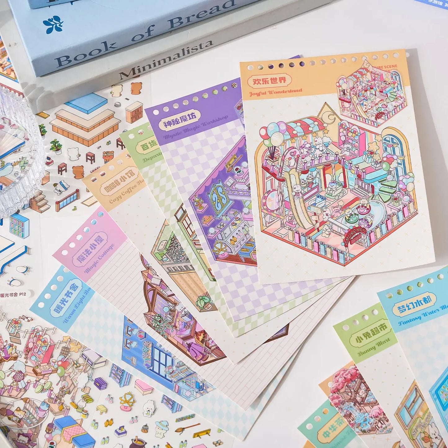 Mr Paper 49pcs/bag Business Town Series Mini 3D Miniature Scenography Sticker Book Visual Stacking Scene Stickers DIY Gift Decor Beauty World Shop