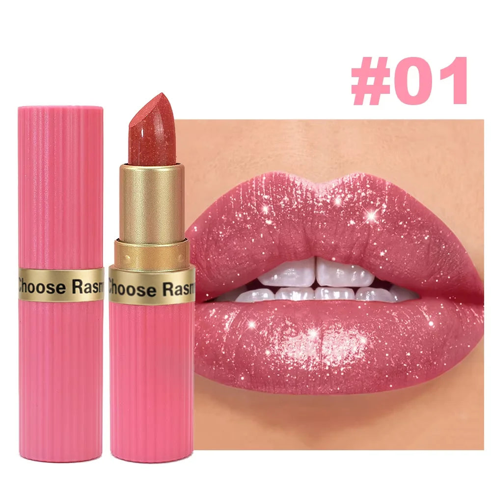 Pearlescent Pink Glitter Velvet Lipstick Metallic Waterproof Long Lasting Matte Shimmer Diamond Lipstick Women Makeup Cosmetic Beauty World Shop
