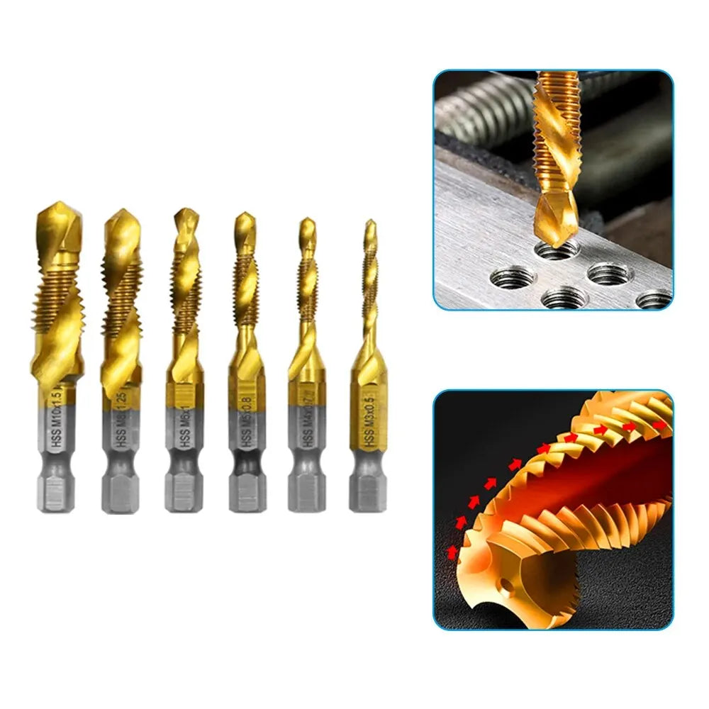6pc High-speed Steel 4341 Titanium Plated Composite Tap Drill and Tap Integrated Machine Tap Open and Chamfer Tool Set Beauty World Shop