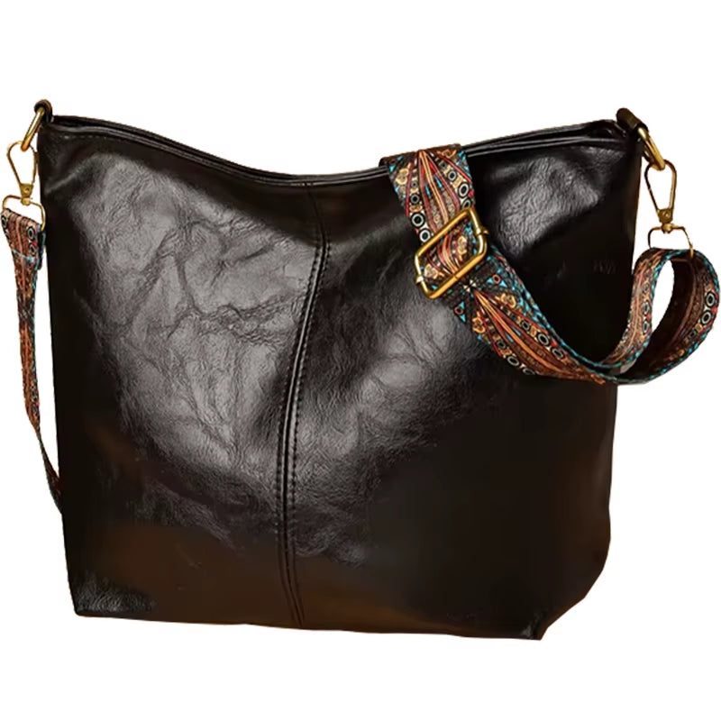 Neutral Style Men'S and Women'S Pu Tote Bag, Suitable for Travel and Photography, Single Shoulder Bag with Ethnic Style Strap