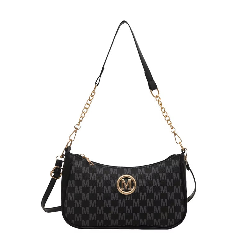 Vintage Style Handbag Crossbody Bag, Gold Letter 'M' Design Pu Leather Shoulder Messenger Bag, Synthetic Leather Tote Bag, Purse