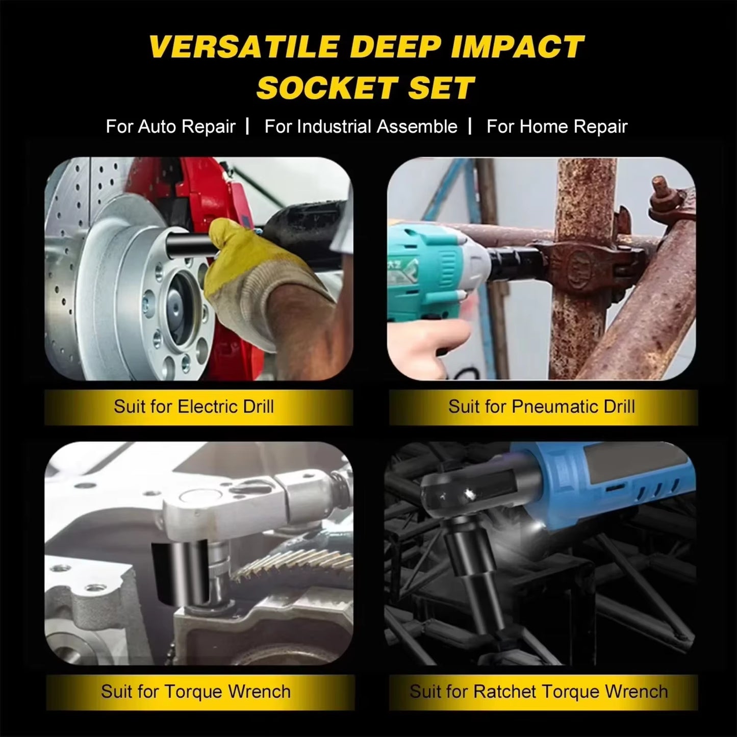 10Pcs 1/2" Drive Metric Impact Socket Set Universal Socket Metric Drive Deep Socket Set Wrench for Air Pneumatic Repair Tools