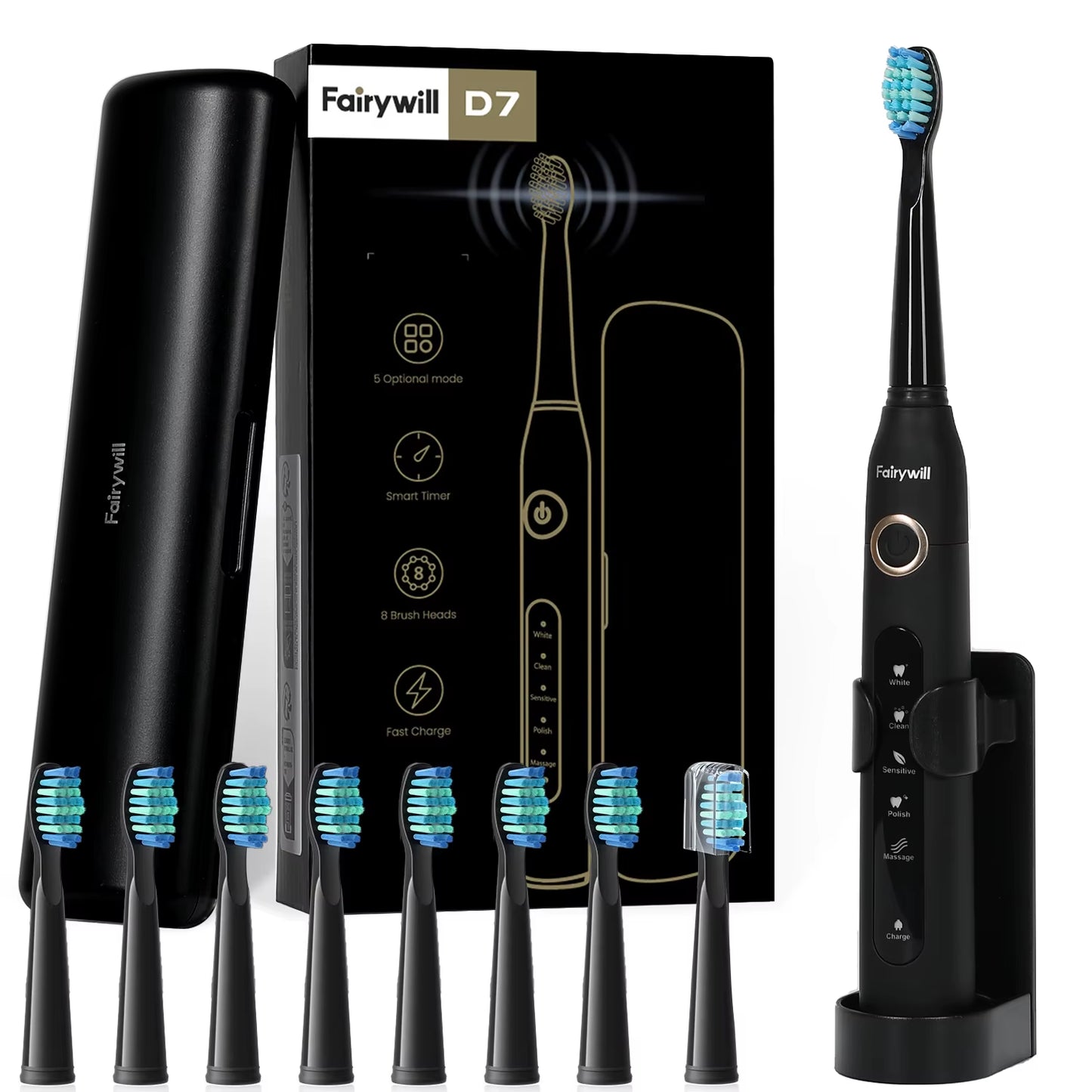 FW507 Electric Sonic Toothbrush USB Charger Tooth 8Brush Replacement Waterproof Electronic Toothbrush with Travel Case
