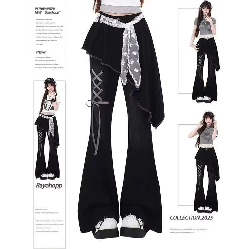 Vintage Slim Micro-Flare Jeans Women Ins Fashionable Splicing Belt Edge Y2K Pants High Waist Straight American Street Trousers