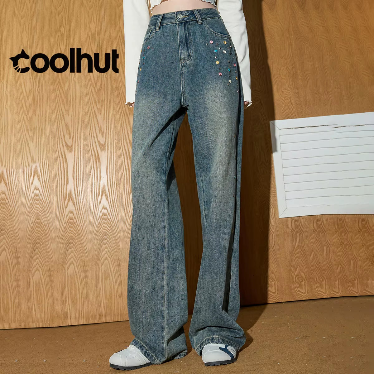 2025 High Waist Straight Wide Leg Flare Denim Pants Women Vintage Beaded Casual American Style Floor Length Draped Jeans