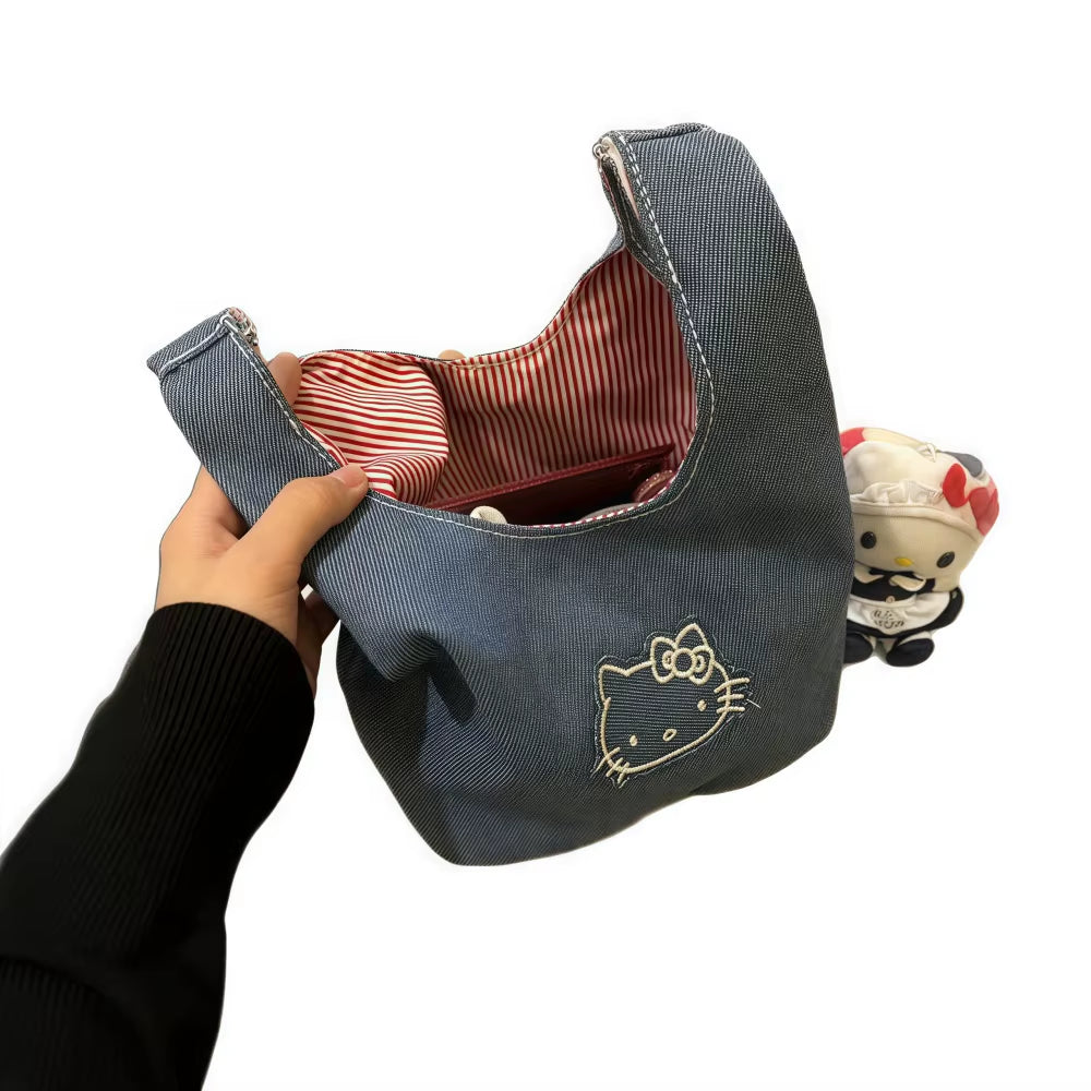 Kitty Shoulder Bag Cute Denim Embroidered Large Capacity Portable Handbag for Walking Outdoors Office Commute and Lunch Carry