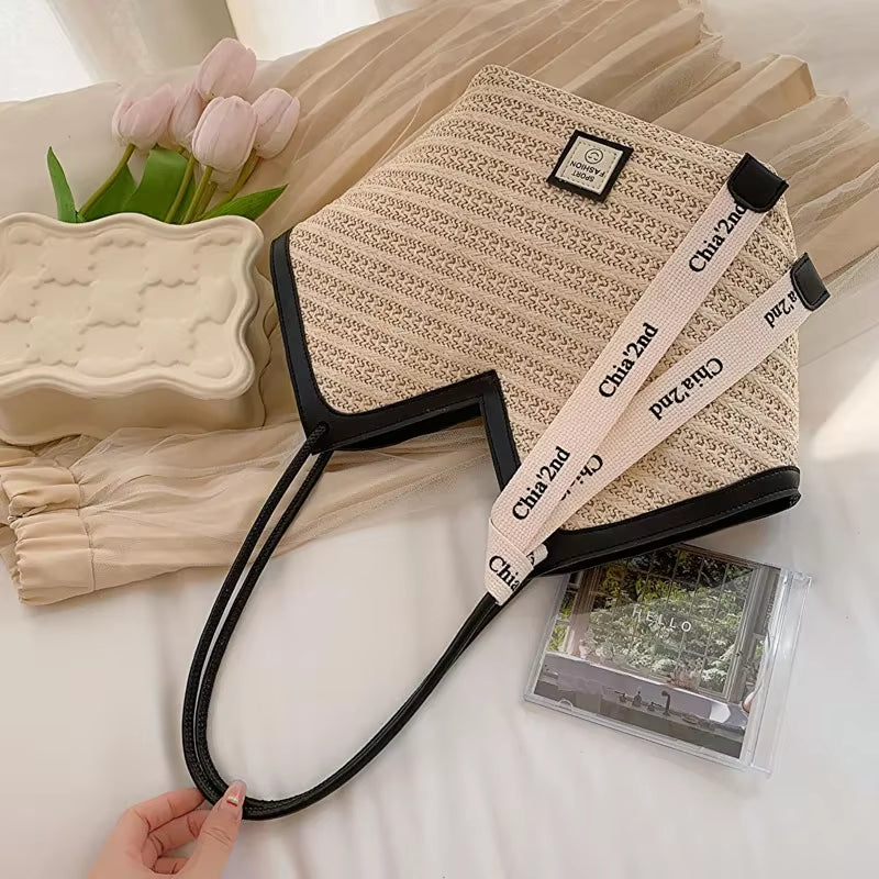 Straw Beach Bag Vintage Handmade Woven Shoulder Bag Raffia Circle Rattan Bags Bohemian Summer Vacation Casual Bags