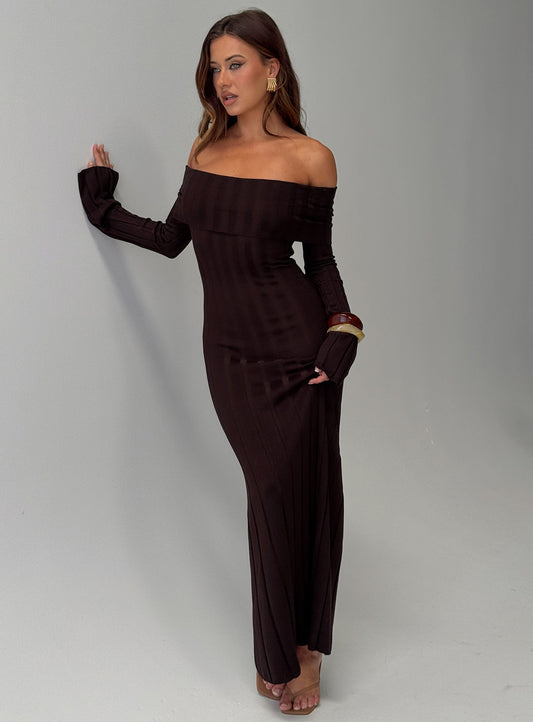 Ellouisa Long Sleeve Rib Maxi Dress Chocolate Princess Polly