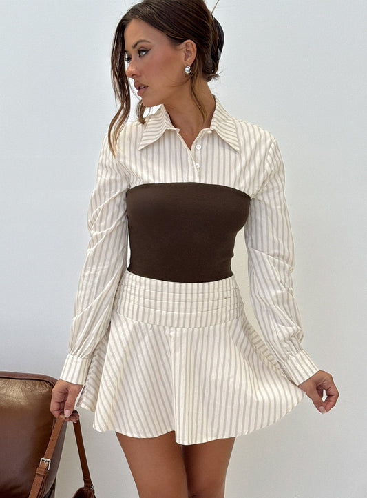 Belva Long Sleeve Corset Shirt Mini Dress Brown Stripe Princess Polly
