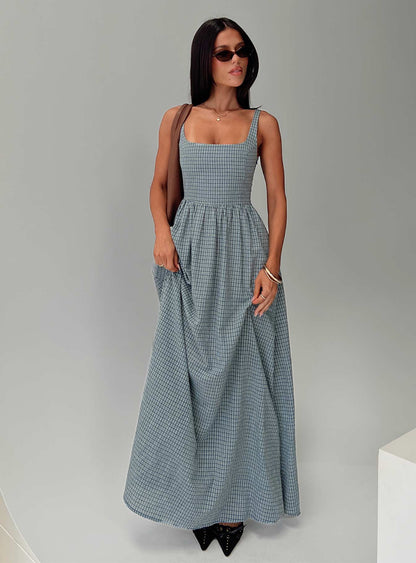 Cartmel Check Maxi Dress Navy Princess Polly