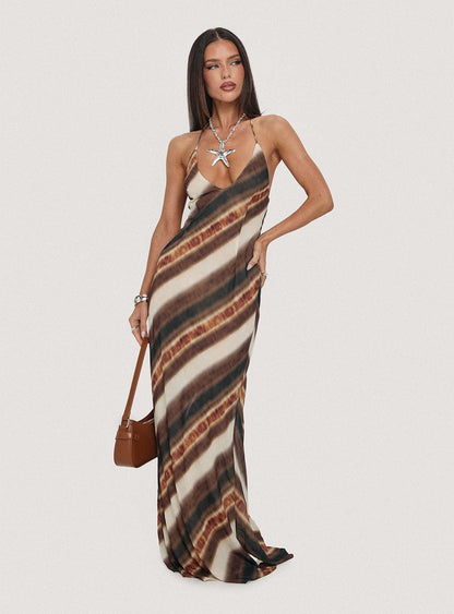 Esmira Halter Maxi Dress Brown Stripe Princess Polly