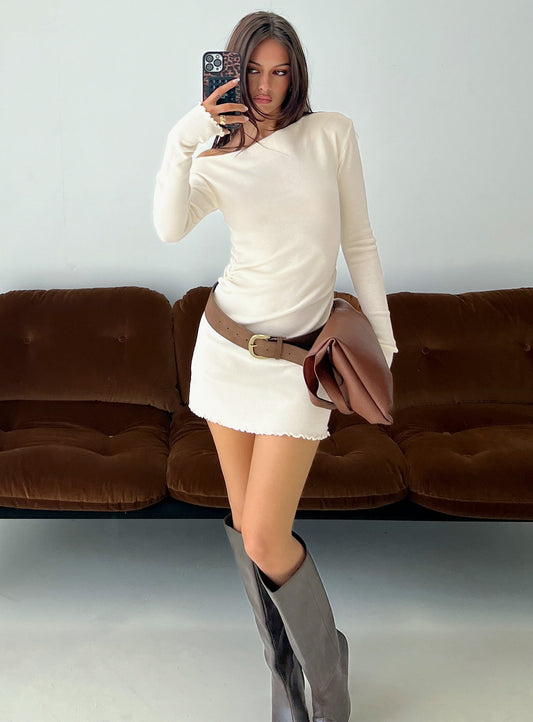 Yelsie Off Shoulder Long Sleeve Mini Dress Cream Princess Polly