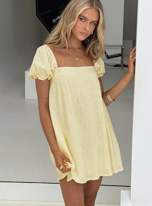 Beyond Linen Blend Mini Dress Yellow Princess Polly