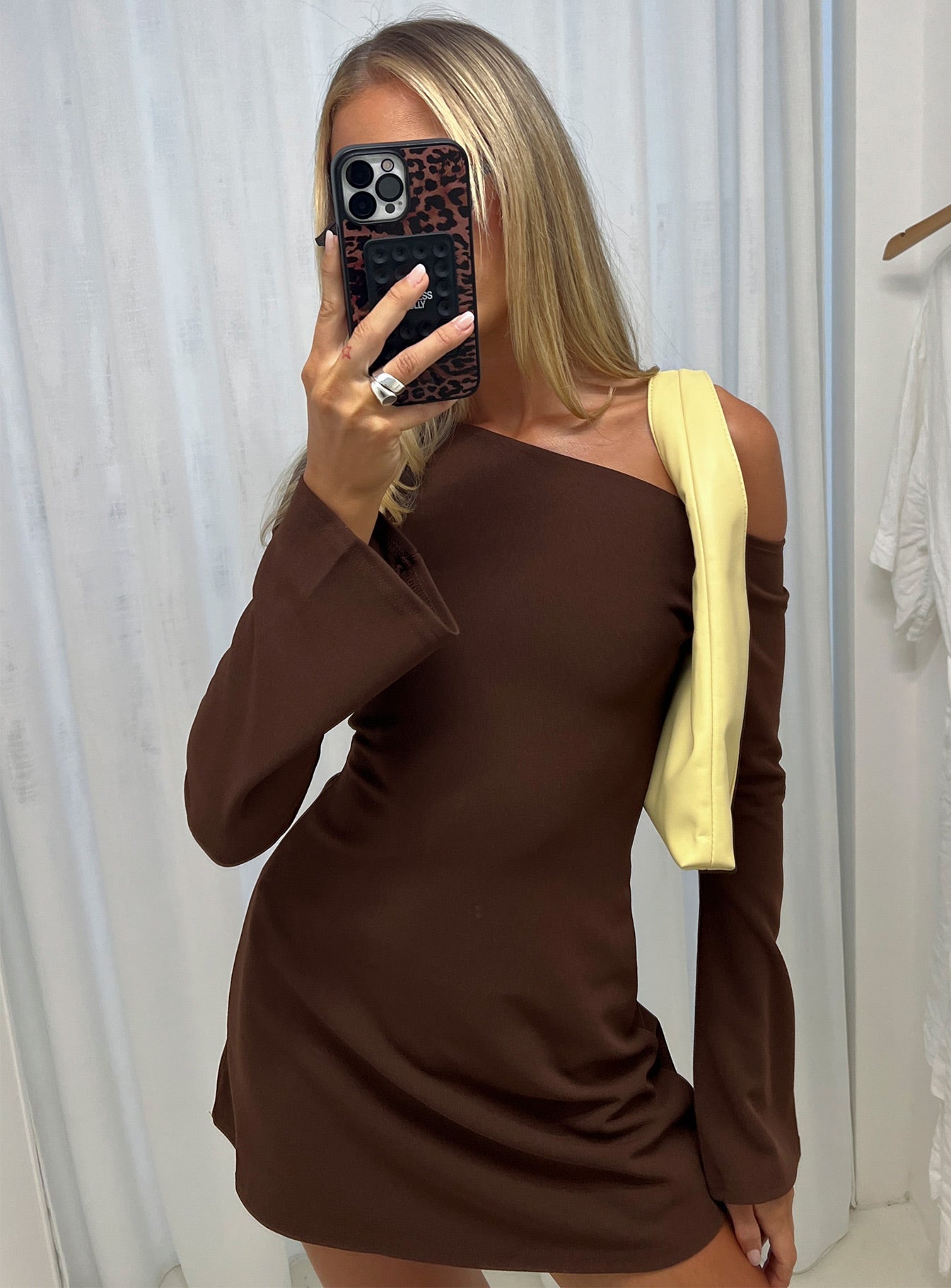 Adrietta Long Sleeve Off Shoulder Knit Mini Dress Brown Princess Polly