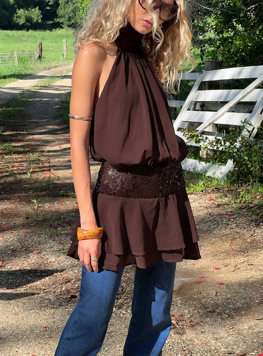 Zenayda Drop Waist Sequin Mini Dress Brown Princess Polly