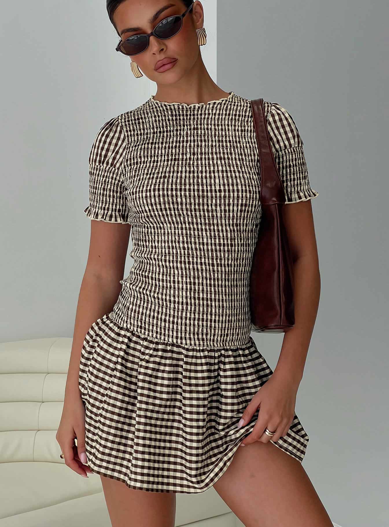 Laurita Shirred Mini Dress Brown Check Princess Polly