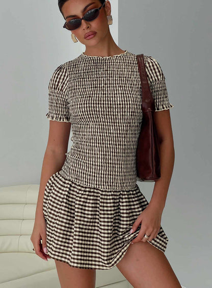 Laurita Shirred Mini Dress Brown Check Princess Polly