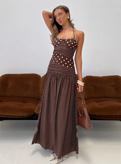 Marguerite Halter Maxi Dress Brown Polka Dot Princess Polly