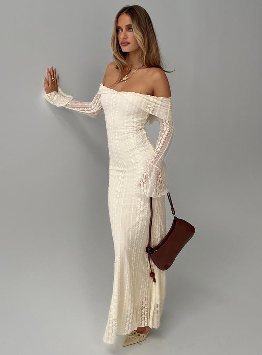 Perdita Long Sleeve Lace Maxi Dress Cream Princess Polly
