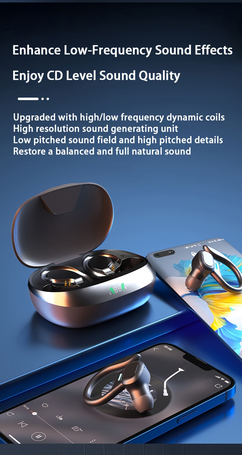 Wireless Earbuds, Open Ear 5.4 Headphones With Ear Hooks, Built-in Mic LED Display 24H Playtime Charging Case, For Running Fitness, Sport Over Earphones, Black