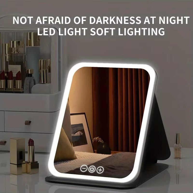 LED Makeup Mirror 3 Colors Lighting Dimmable with Touch Screen Fold Cosmetic Makeup Mirror Rechargeable Tabletop for Travel Home