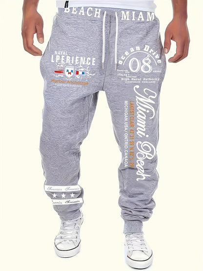 Men's Casual Letter Print Cuffed Drawstring Sweatpants, Lightweight Comfy Pants For Sport And Casual Wear