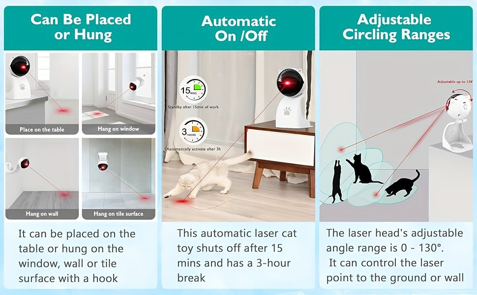 Interactive Laser Pointer Cat Toys For Indoor Cats, Automatic Cat Laser Toys For Bored Indoor Adult Cats/Kittens/Dogs, USB Rechargeable, 3 Sport Modes, Can Be Hung Or Placed, Suitable For Holiday Gifts, Christmas Gifts. Beauty World Shop