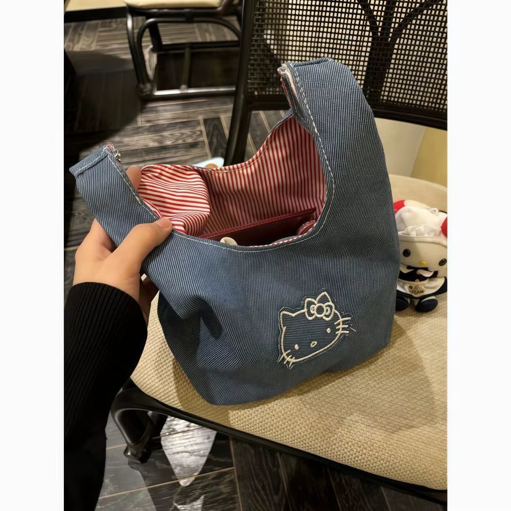 Kitty Shoulder Bag Cute Denim Embroidered Large Capacity Portable Handbag for Walking Outdoors Office Commute and Lunch Carry
