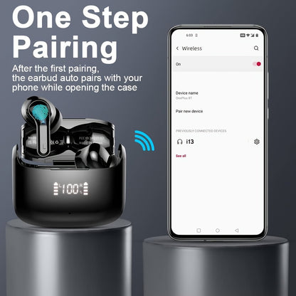 [40H Wireless Earbud] 40H Wireless Earbud, 5.3 Stereo Bass Earphones | Dual Mic Call, USB-C LED Display, Sport Headset