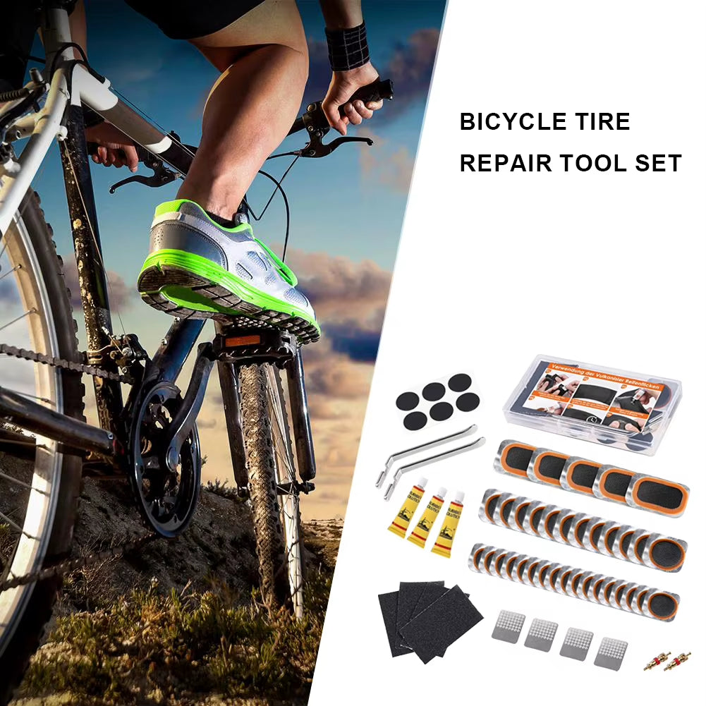Bike Tire Repair Kit with Vulcanizing Glue & Patches - Bicycle Tube Puncture Set for Mountain/Road Cycling