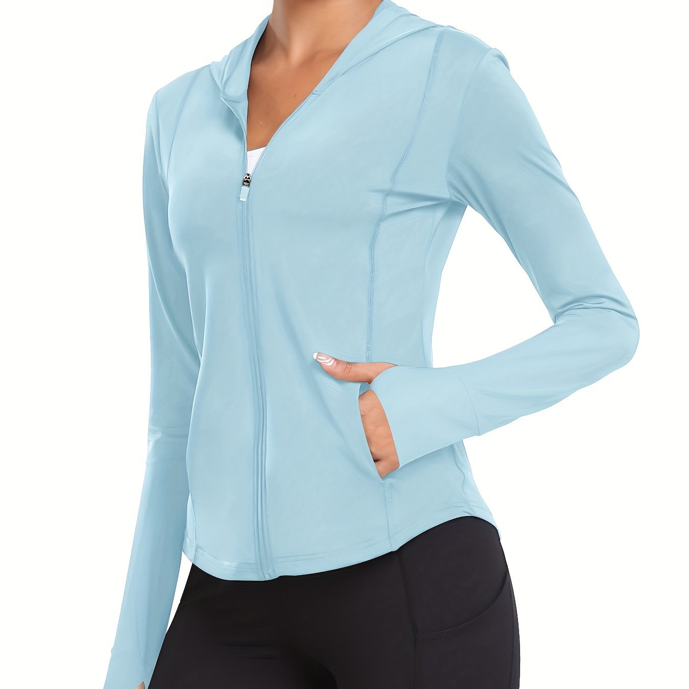 Women's Full-Zip Long Sleeve Sport Shirt with Thumbhole Design - Moisture-Wicking Protection Yoga Running Top, Light Blue All-Season Machine Washable Activewear, Running Shirt | Sporty Look | Stretchable Fabric Beauty World Shop