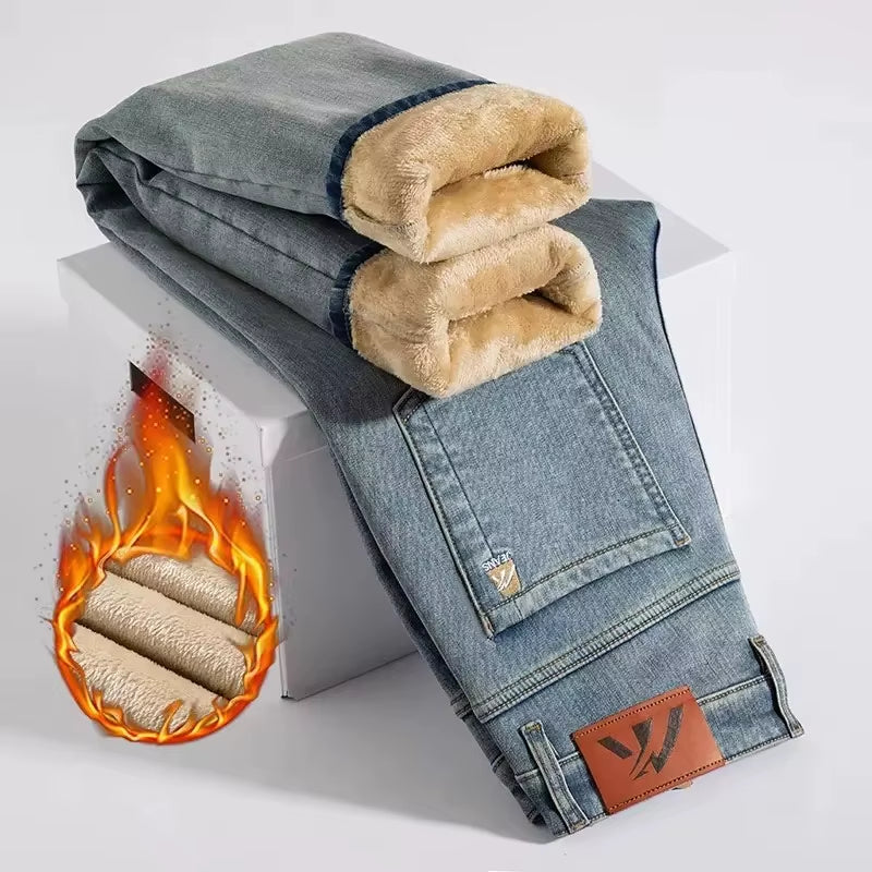 Winter Fleecy Thickened Warm Jeans Vintage Brand Classic Retro Youth Fashion Men Fit Straight Leg Casual Stretch Denim Pants