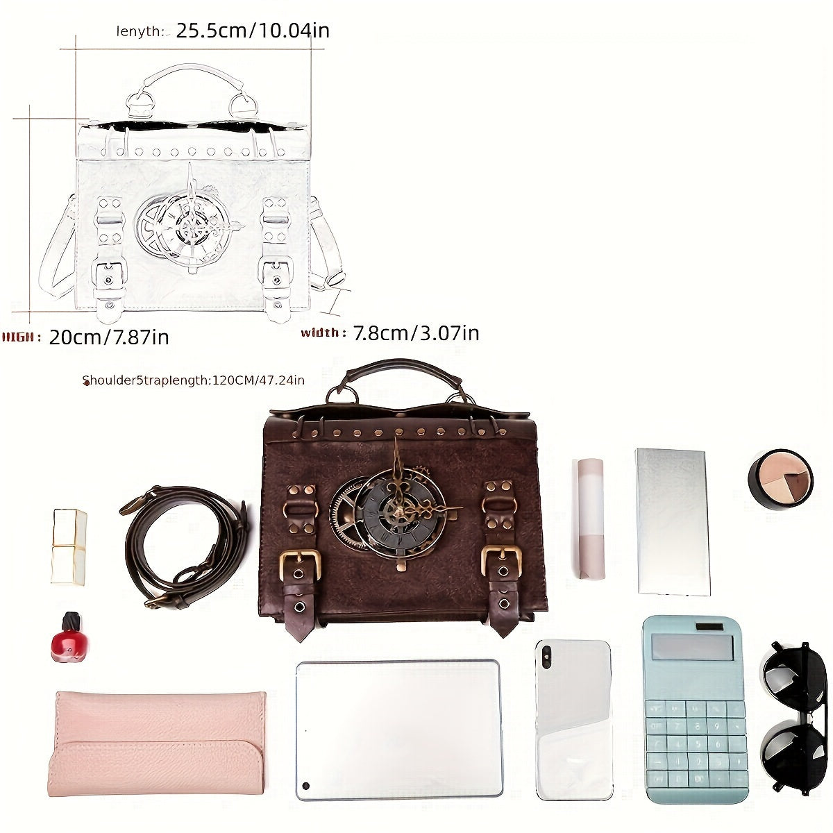 [Punk Crossbody Bag] Retro PU Crossbody Bag | Women's And Girls' Briefcase Styled Messenger Bag Featuring Punk Gothic And Renaissance Costume Elements Beauty Fashion