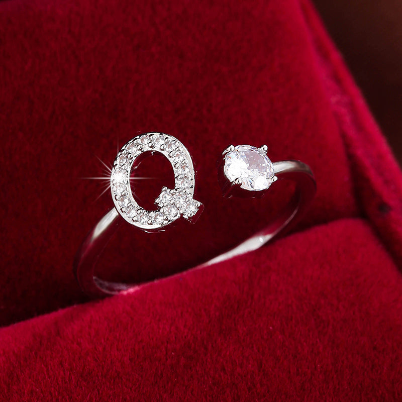 Fashionable 26 English Letters Four-Prong Synthetic Synthetic Zirconia Open Adjustment Ring Beauty Fashion