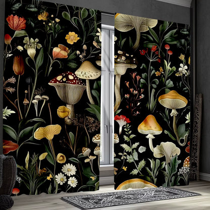 2Pcs Classic Polyester Mushroom and Moth Curtains, Retro Forest Pattern Drapes for Bedroom, 52X84 Inches, Nature-Inspired Home D