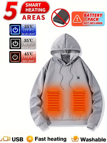 5 Heating Zones Heated Hooded Sweatshirt For Men – Autumn/Winter Outdoor Sport Pullover With Kangaroo Pocket – Battery Pack Not Included Beauty World Shop