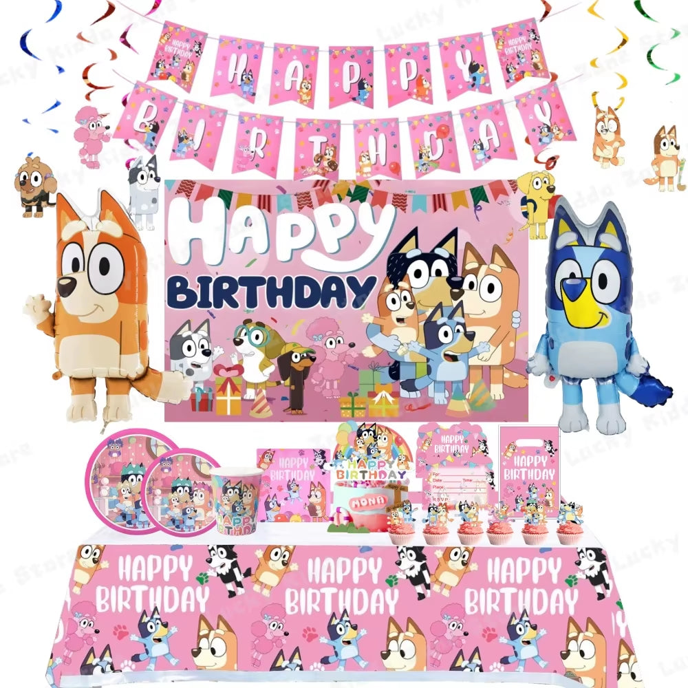 Pink Bluey Birthday Decorations for Kids Latex Aluminum Foil Balloons Bingo Theme Party Event Supplies Disposable Tableware Toys