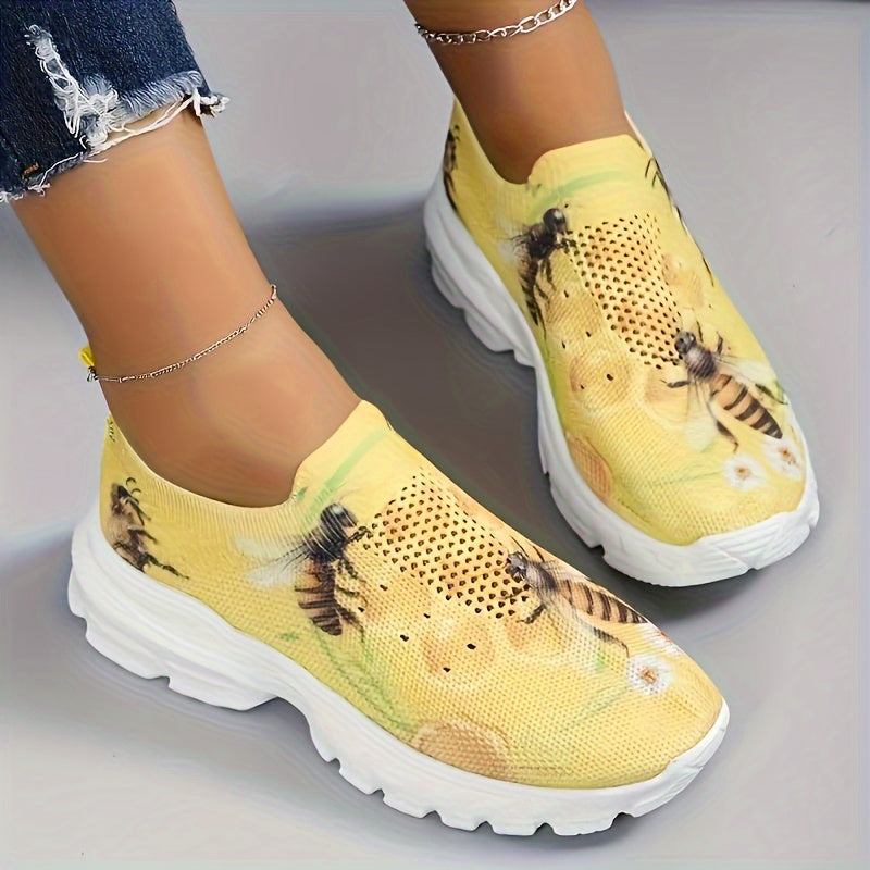 Breathable Knit Platform Sneakers - Women's Bee Print Slip On Outdoor Shoes - Comfortable Low Top Sport Shoes