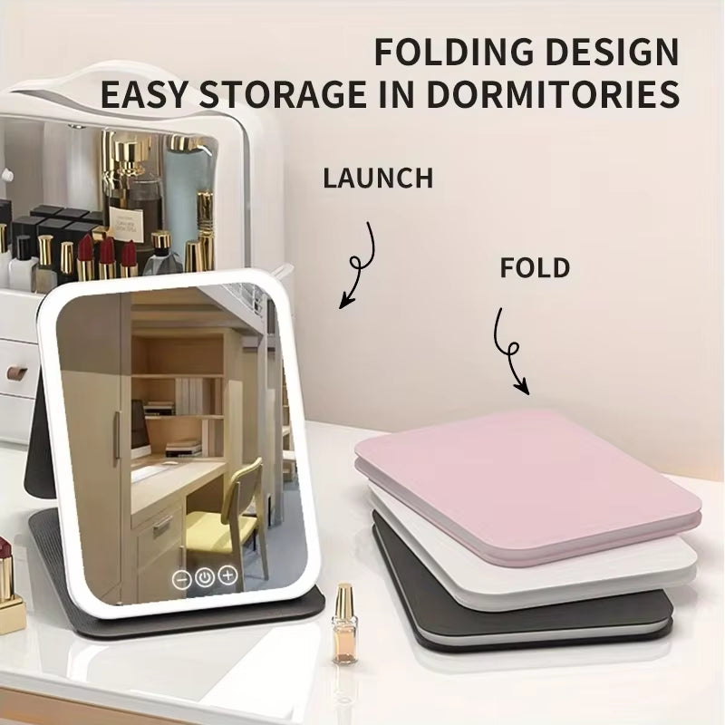 LED Makeup Mirror 3 Colors Lighting Dimmable with Touch Screen Fold Cosmetic Makeup Mirror Rechargeable Tabletop for Travel Home