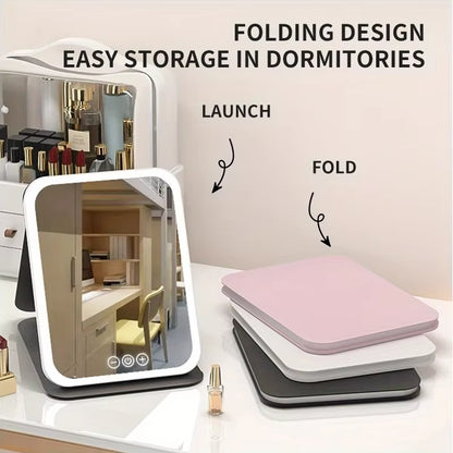 LED Makeup Mirror 3 Colors Lighting Dimmable with Touch Screen Fold Cosmetic Makeup Mirror Rechargeable Tabletop for Travel Home