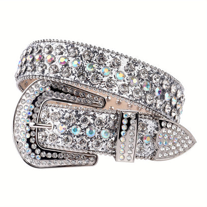 Plus Size Sparkling Y2K Rhinestone Belt - PU Leather Hip Hop Belt with Pin Buckle, Punk Cowgirl Style for Jeans, Pants, and Dresses, Perfect for Music Festivals, Beach, College, and Night Out Beauty Fashion